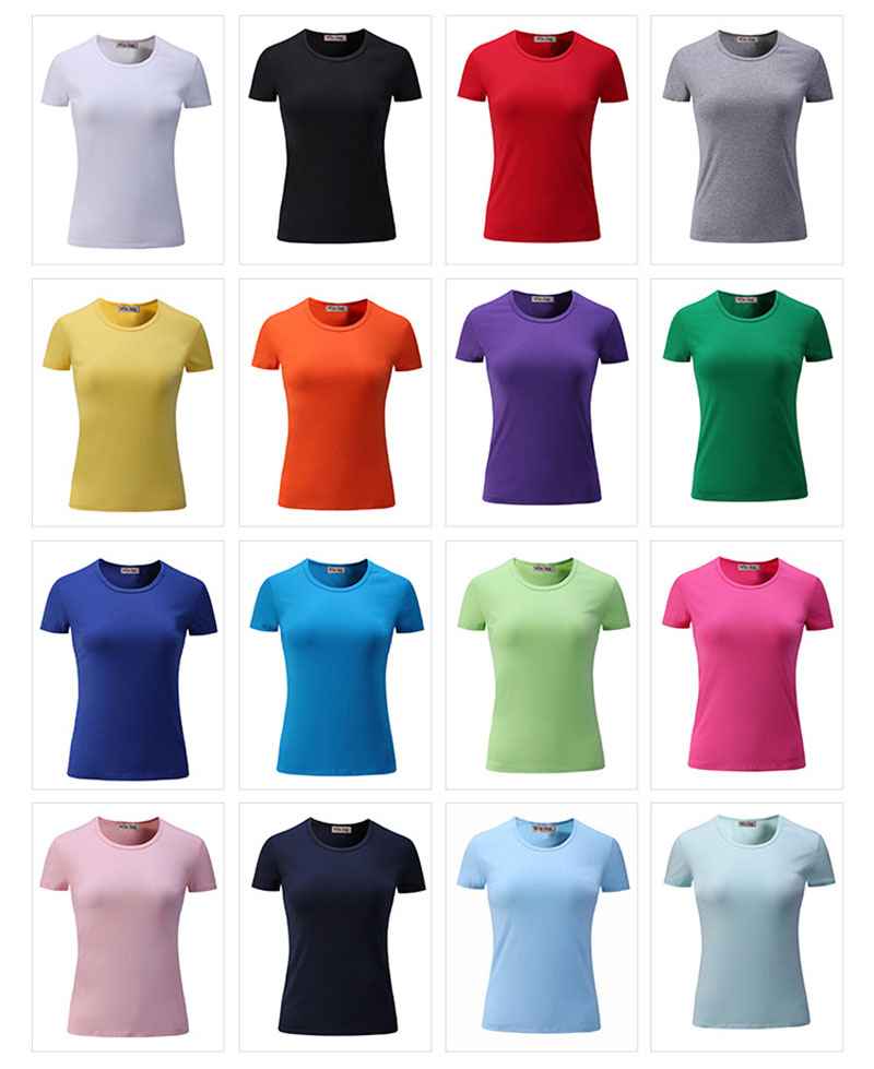 Custom women's lycra cotton t-shirts with your own logo printed - available colors display 
